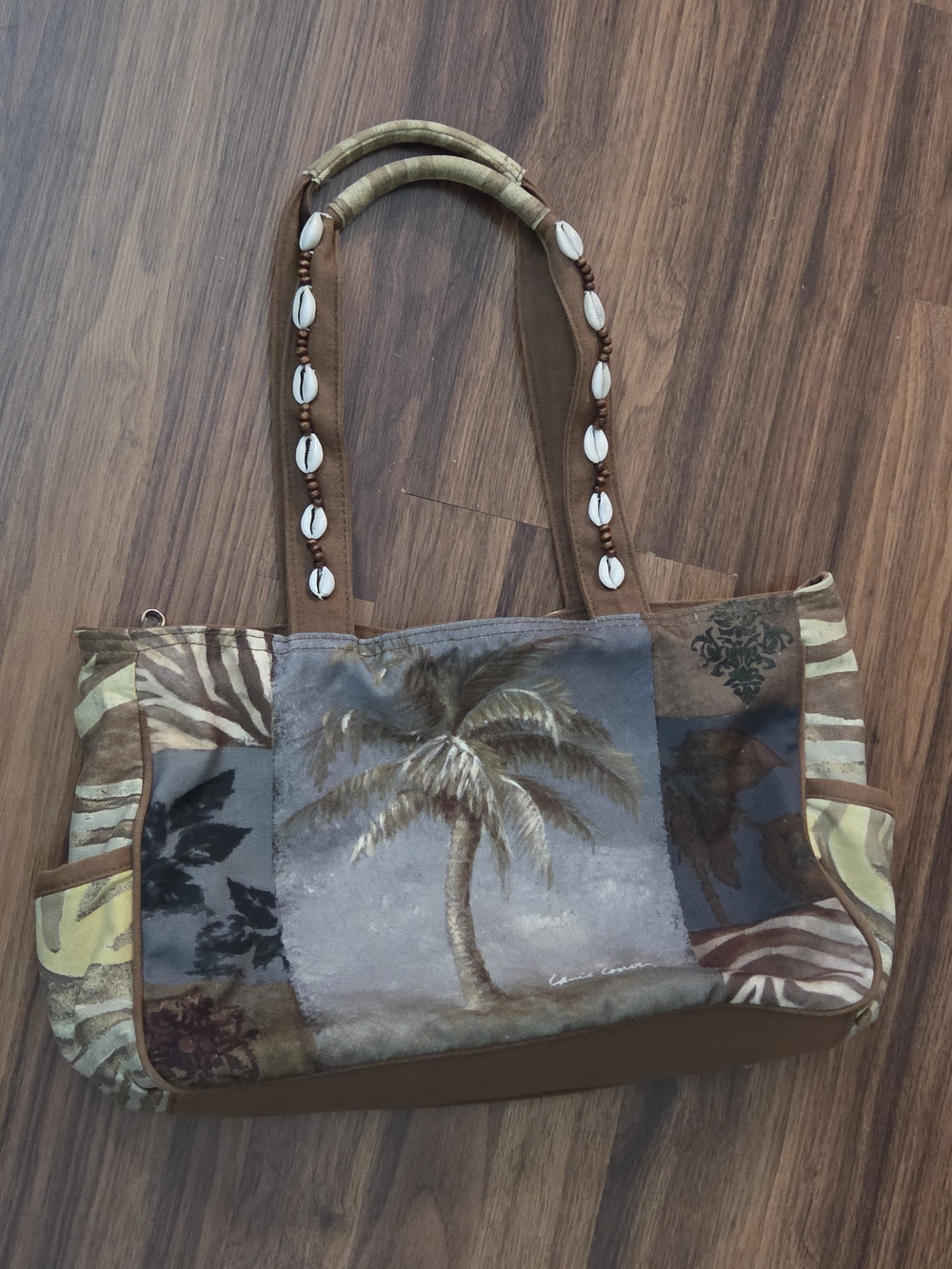 Patchwork Palm-Print Shoulder Bag in Brown and Tan